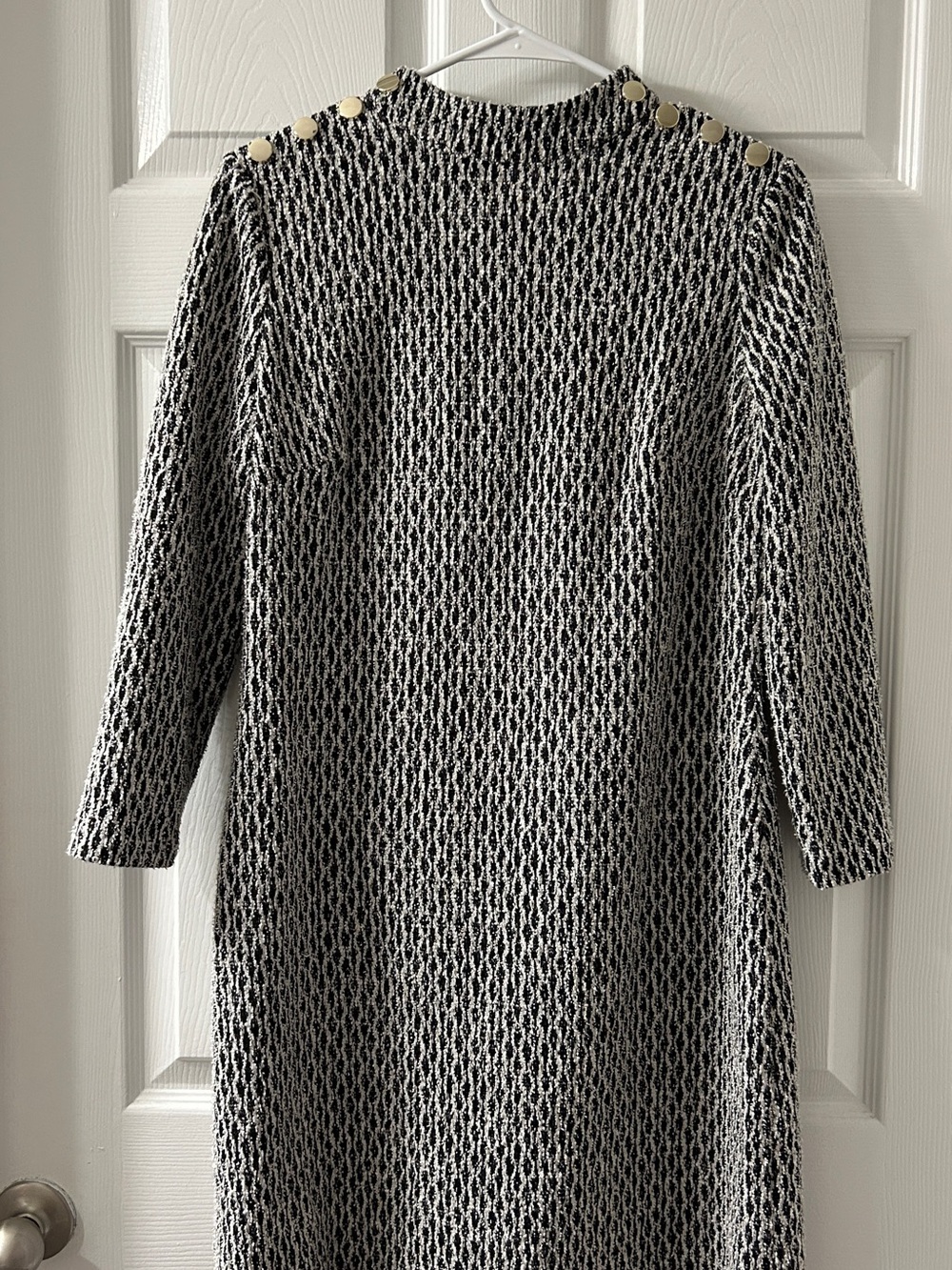 Andrew Marc Black and White Knit Midi Dress with Gold Shoulder Buttons